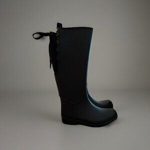 Coach Tristee Black Matte Knee High Lace Up Lined Rain Boot, Size 7, Feminine
